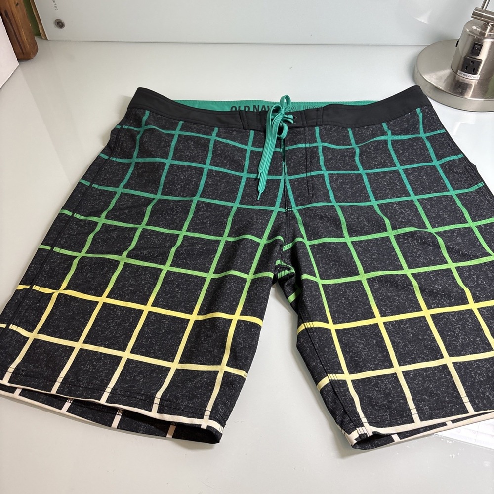 Mens Old Navy Size 40 California Swim Trunks, Black Green Board Shorts Unlined